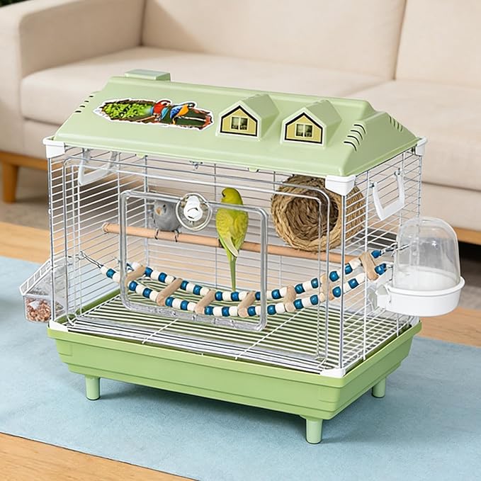 Parakeet Bird Cage, Clear Portable Cockatiel Carrier, Medium Bird with Wooden Perch, Acrylic Lightweight with Removable Tray, Pet with Travel Handle, Indoor Cage for Conures Macaws