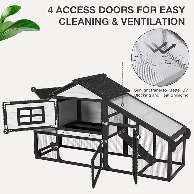 Wooden Chicken Coop with Run, Mobile Chicken House with Wheels, Outdoor Hen Poultry Cage with Leak-Proof Tray and Nesting Box, Lager Chicken Coops with UV-Resistant Roof for 2-3 Chickens (White)