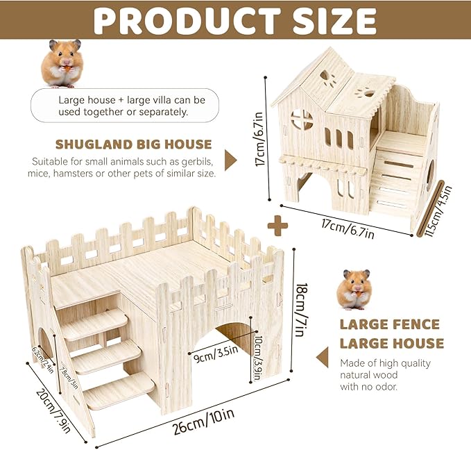 Wooden Hamster Hideout, Hamster Houses and Hideouts with Climbing Ladder, Hamster Maze Hamster Accessories for Bigger Syrian Hamsters and Small Animals