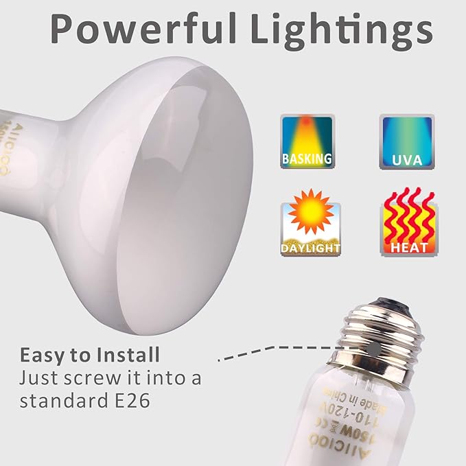 Aiicioo Reptile Basking Light Bulb - 150 Watt Heat Light Bulb 4 Pack for Reptile Heat Lamp Bulb for Bearded Dragon Lizard Turtle Tortoise Daylight Basking