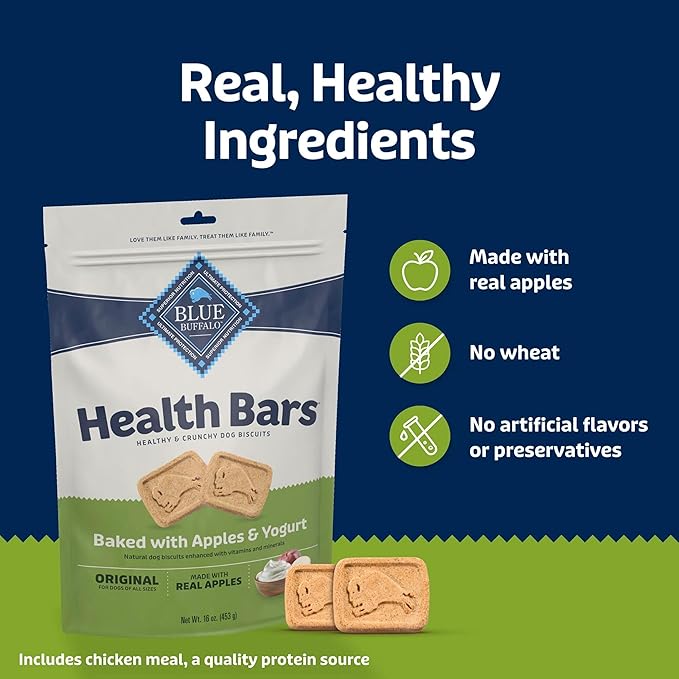 Blue Buffalo Health Bars Crunchy Dog Biscuits, Oven-Baked with Natural Ingredients, Apples & Yogurt, 16 Ounce (Pack of 4)