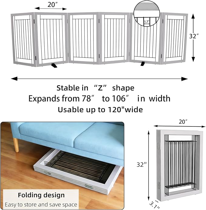 ZJSF Freestanding Dog Gate Indoor, Foldable Dog Fence for Doorways,Hallways or Stairs, Sturdy Wood Extra Wide Pet Gate with Support Feet,Grey,32 "Height-6 Panels