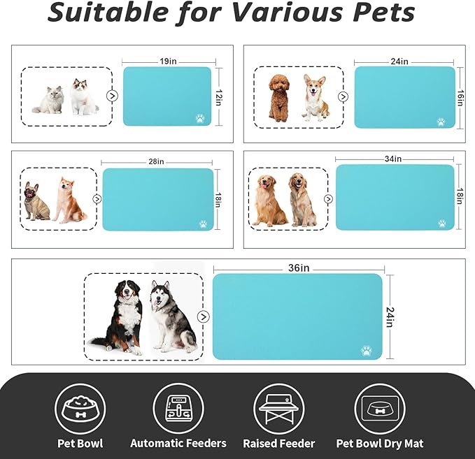HotLive Dog Food Mat - Absorbent Cat Mat for Food and Water, No Stains Pet Feeding Bowl Mat, Easy to Clean Pet Placemats, Quick Dry Dog Water Dispenser Mat for Messy Drinkers | Paw Teal 18"x 28"