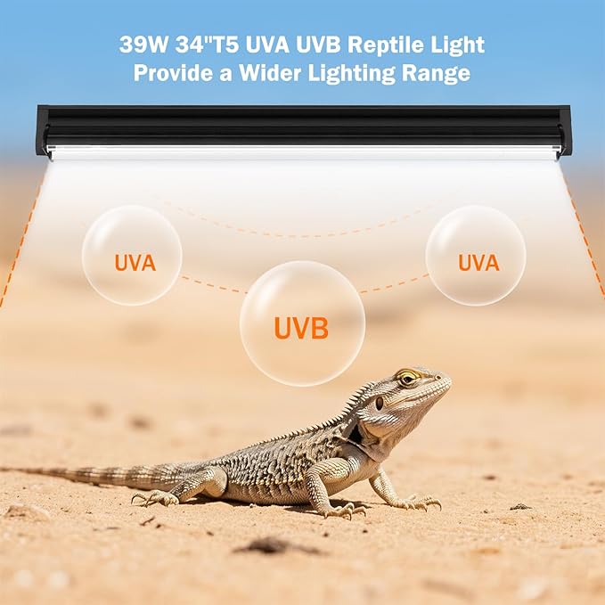T5 10.0 UVB Reptile Light Bulb 39W, 2-Pack 34 Inch UVB/UVA Lamp Tube for Bearded Dragon, Lizards, Chameleons