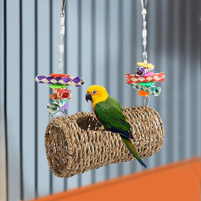 Seagrass Hammock, Hammock Play Tunnel Bird Stable and Funny Woven House Toy Sea Grass Woven House Hanging Bed Toy for Bird