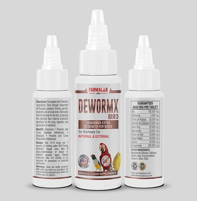 Farmalab DEWORMX Liquid Extra Strength 2oz 8oz Budgies, Parakeet, Finches, Lovebirds Small Caged Birds para periquitos, cacatillos, cotorras, Canarios, guacamayos, Quakers y Aves (Birds 2oz)