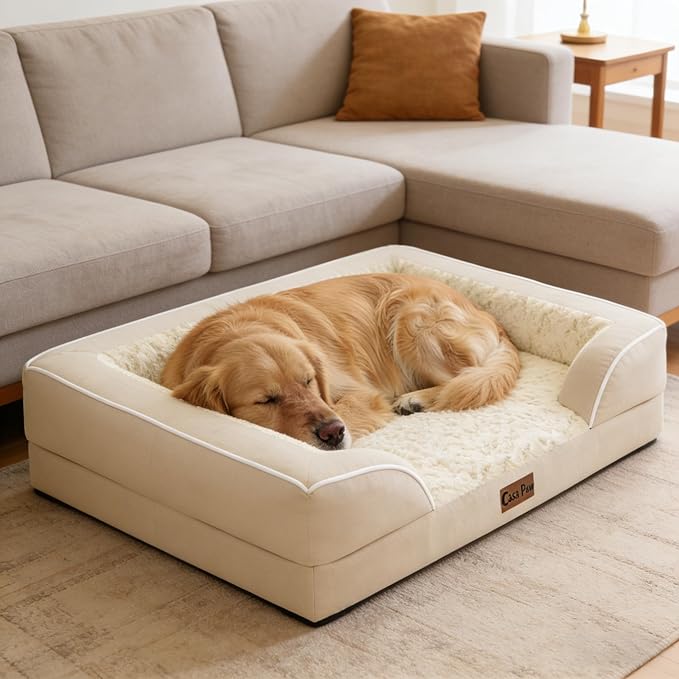Orthopedic Dog Beds for Large Sized Dogs, Waterproof Memory Foam Large Pet Bed with Sides 35x22Inch, Non-Slip and Egg-Crate Foam Big Dog Couch Bed with Removable Washable Cover, Beige