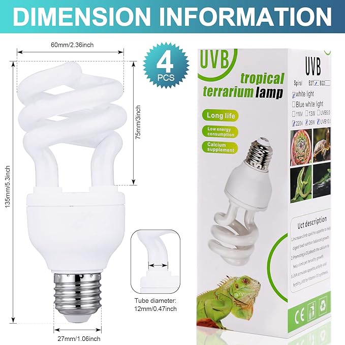 Reginary 4 Pcs Uvb Reptile Light 10.0 13 W, Reptile Uvb Bulb for Desert Tropical Sub Tropical Fluorescent Simulation Color Light for Turtle, Bearded Dragon, Lizard, Gecko