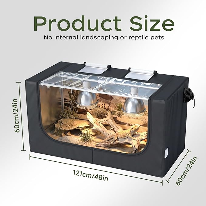Large Reptile Enclosure Tent, 4 x 2 x 2 ft (48 x 24 x 24 Inch) Habitat with Insulated Cover & Stainless Steel Frame, Dual 4" Accessory Ports for Bearded Dragon, Lizards, Geckos & Chameleons