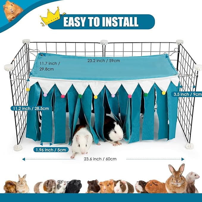 Guinea Pig Hideout - Guinea Pig Corner Hideout, Four-Sided Fringes, Rectangular Top and Washable Hides, Suitable Hides for Guinea Pigs and Rabbit, No Metal Fences, Blue