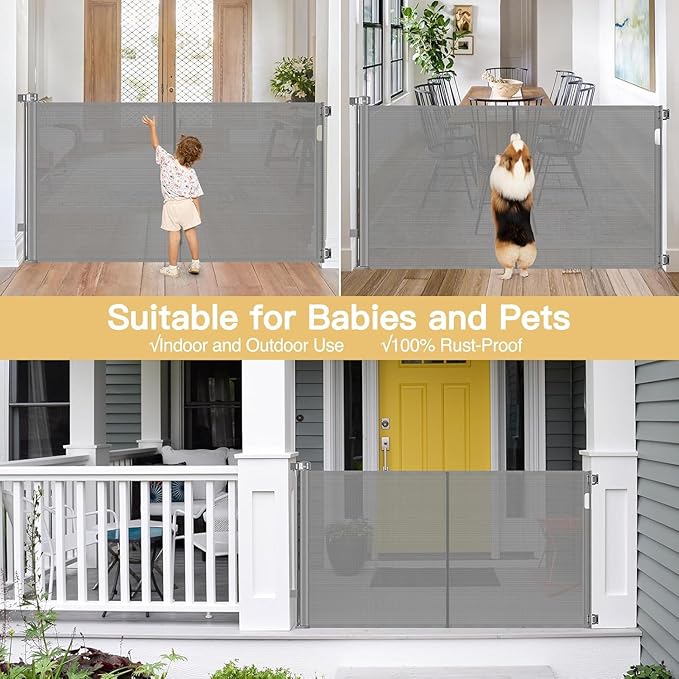 Reinforced 42" Extra Tall Baby Gate 55" Wide Retractable Dog Gate with Support Rods - Bottom Anti-Escape, Extra Tall Pet Gate Indoor Stair Gate Retractable Gates for Dogs Outdoor Gates for Decks, Gray