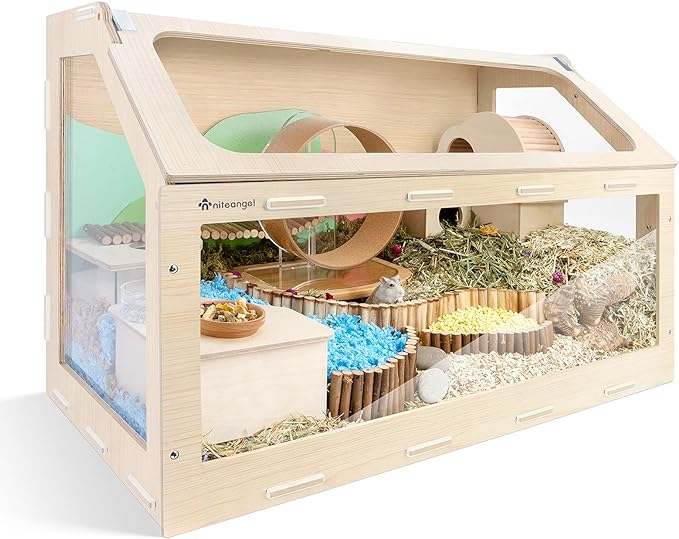 Niteangel Vista Hamster Cage W/Oblique Opening Cage Door - MDF Aspen Small Animal Cage for Syrian Dwarf Hamsters Degus Mice or Other Similar-Sized Pets (Small - 32.9 x 17.2 x 21.1 inches, Burlywood)