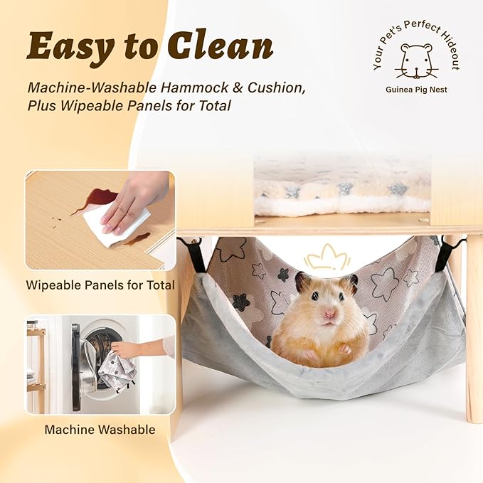 Guinea Pig Hideout with Hammock & Ramp – Multi-Level Wooden Small Animal House for Hamsters, Rabbits, Chinchillas | Easy Assembly Guinea Pig Cages