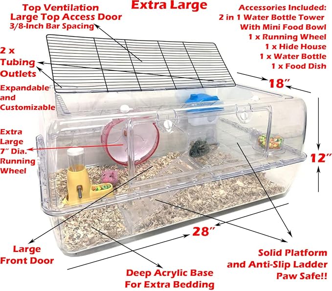 28” X-Large 2-Tiers Acrylic Clear Hamster Mouse Deluxe Palace House Habitat with Large Running Wheel Water Bottle Tower Food Bowl Hide House Deep Base Ground Expandable Outlet