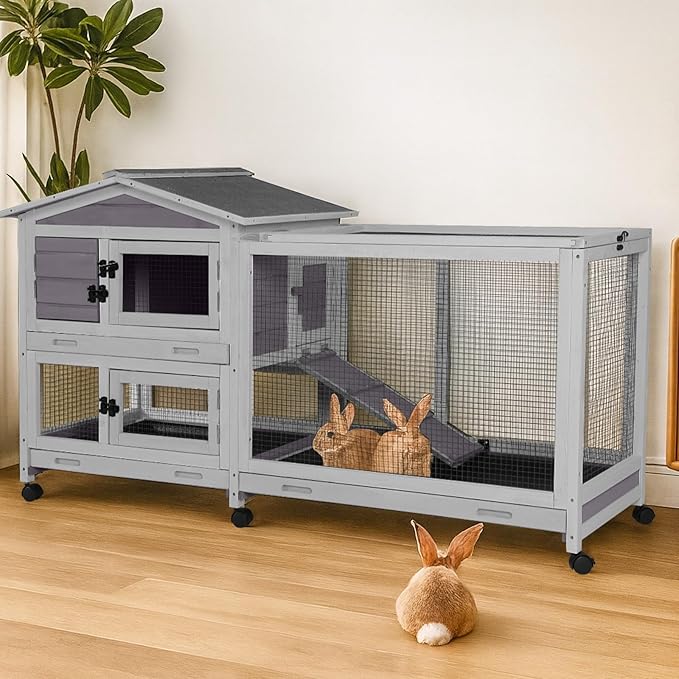 62″ 2-Story Large Rabbit Hutch, Indoor & Outdoor Bunny Cage with Chew-Proof Ramp, 3 Leakproof Pull-Out Trays, Waterproof Roof, 6 Lockable Wheels, for Rabbits & Guinea Pigs