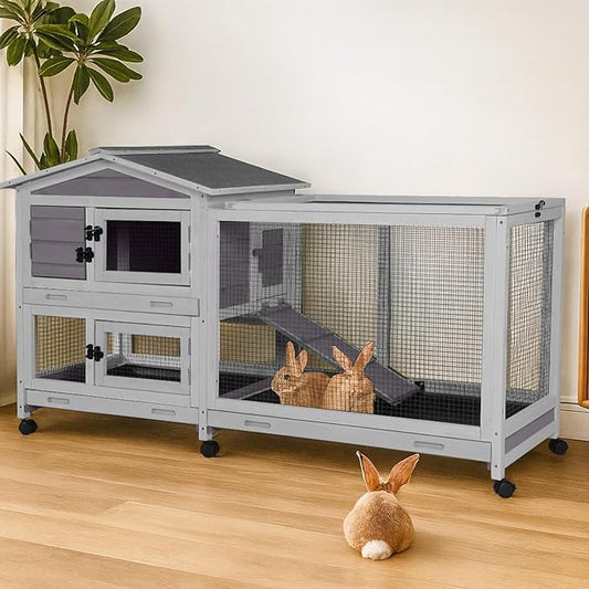 62″ 2-Story Large Rabbit Hutch, Indoor & Outdoor Bunny Cage with Chew-Proof Ramp, 3 Leakproof Pull-Out Trays, Waterproof Roof, 6 Lockable Wheels, for Rabbits & Guinea Pigs