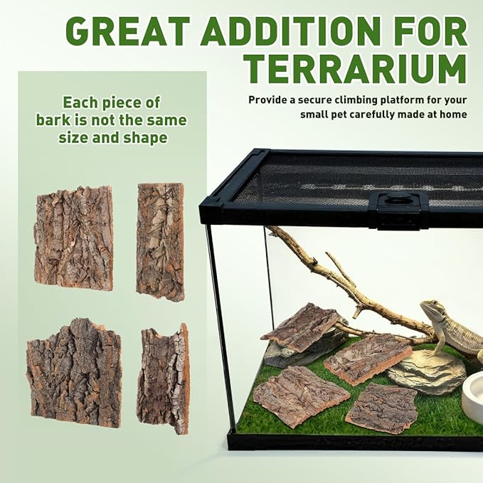 PRETYZOOM 4pcs Cork Bark Reptile Hide – Natural Flat Wood Bark for Geckos, Lizards, Hermit Crabs, Small Snakes – Climbing Accessory for Terrariums, Turtle Tanks and Bird Cages (Assorted Size)