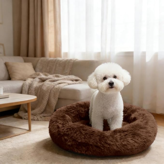 Comfort Donut Dog Bed for Small Dogs, Cat Bed & Pet Bed for Indoor Use, Medium Size with Soft Plush, Round Dog Beds for Large Dogs and Cats(Coffee, 32''Lx32''Wx8''Th)