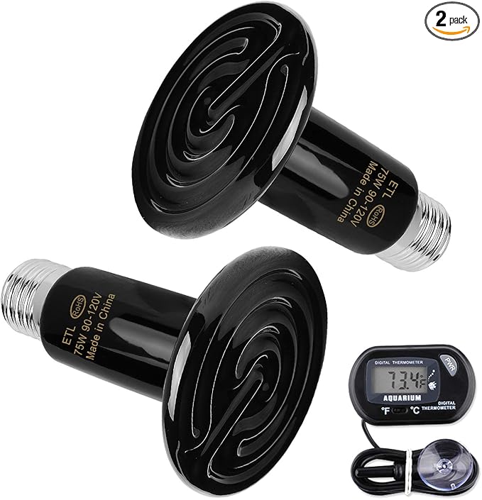 OMAYKEY 2-Pack 75W Ceramic Heat Lamp with 1-pcs Digital-Thermometer, Infrared Heat Emitter Bulbs for Reptiles, Amphibians, Chicken Brooder Coop Lizard Turtle Snake Aquarium, No Light No Harm