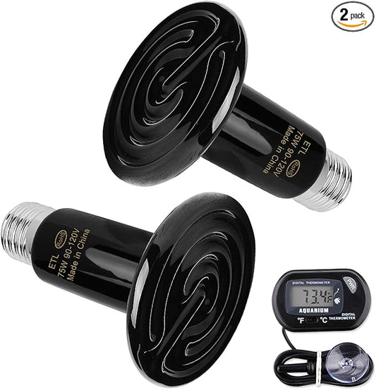 OMAYKEY 2-Pack 75W Ceramic Heat Lamp with 1-pcs Digital-Thermometer, Infrared Heat Emitter Bulbs for Reptiles, Amphibians, Chicken Brooder Coop Lizard Turtle Snake Aquarium, No Light No Harm