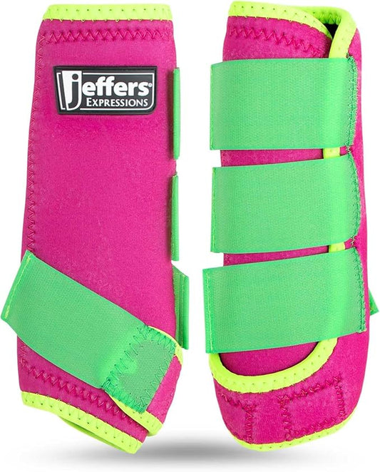 Jeffers Expression Neon Protective Horse Boots,1 Pair, Pink & Lime - Safe Neoprene Leg Guards, Durable Strap Closures, Front & Hind Support, Equestrian Accessories for Travel & Riding - Medium