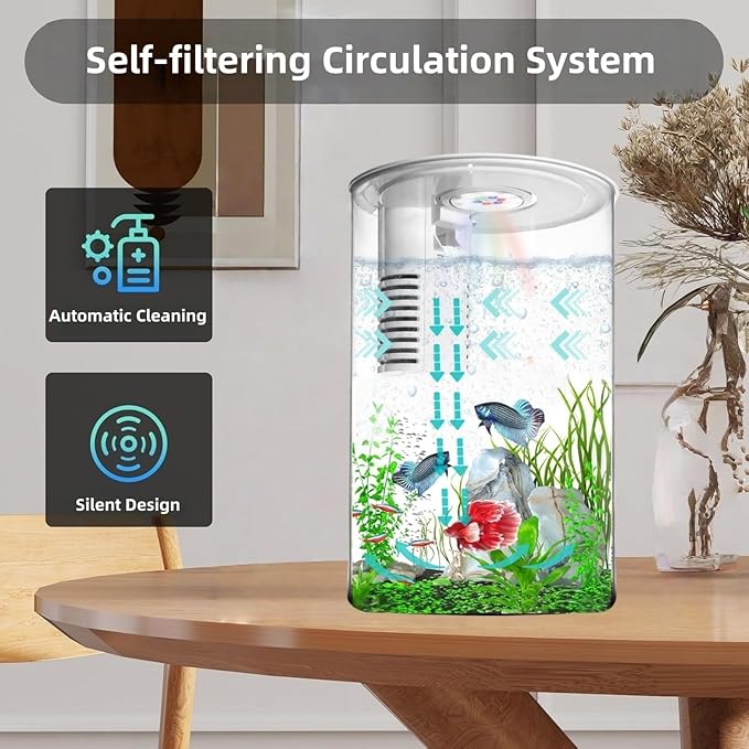 Desktop Fish Tank 3 Gallon Self-Cleaning, Nano Aquarium Goldfish Tank Starter Kit with LED Light & Filter, 360 View for Small Fish, Kids Room & Home Decor (17Color Modes, Large)