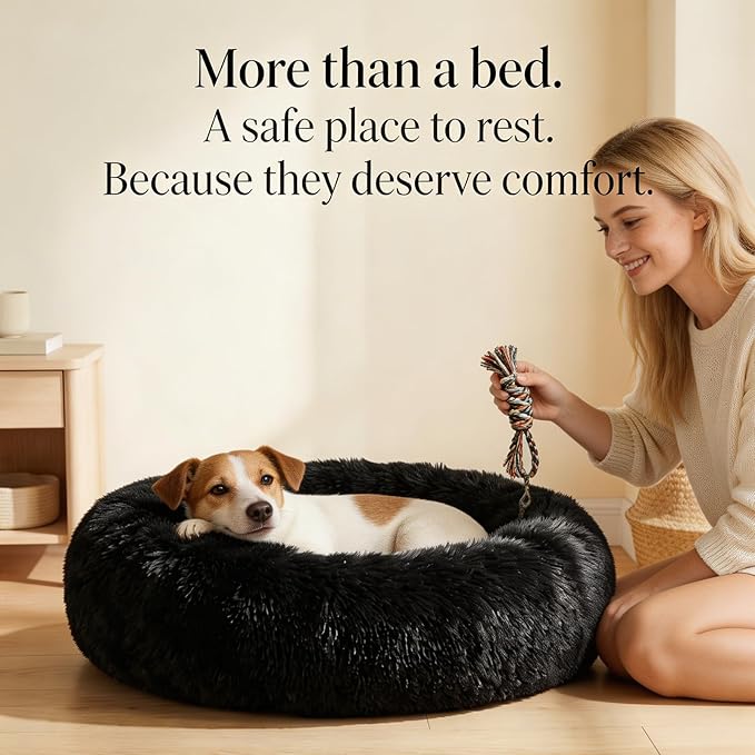 Calming Donut Dogs Beds for Small Dogs Washable,28inch Plush Round Pet Bed for Cozy Sleep,Fluffy Faux Fur Large Cat Bed,Fits up to 30 lbs Pets,Black