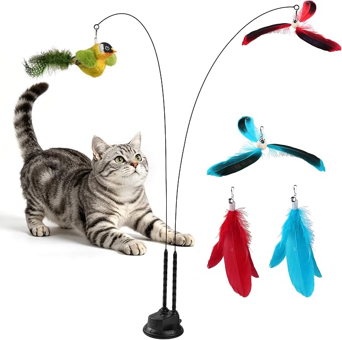 Interactive Suction Cup Cat Teaser Wand, Cat Toy with Simulated Bird & Spinning Feather Attachments, Strong Suction Base & Long Steel Wire for Kitten Self-Entertainment (Detachable) by Unknown