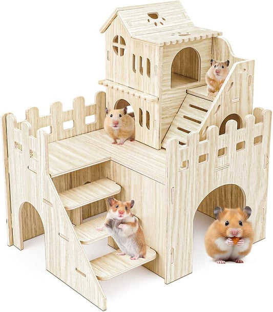 Wooden Hamster Hideout, Hamster Houses and Hideouts with Climbing Ladder, Hamster Maze Hamster Accessories for Bigger Syrian Hamsters and Small Animals