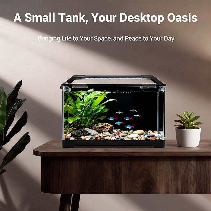 3.5 Gallon Self Cleaning Fish Tank, Aquarium Starter Kit for Betta, Small Fish & Shrimp, Betta Fish Tank with Heater, Thermometer Strip, LED Light, Hidden Filtration System and Water Changer Kit