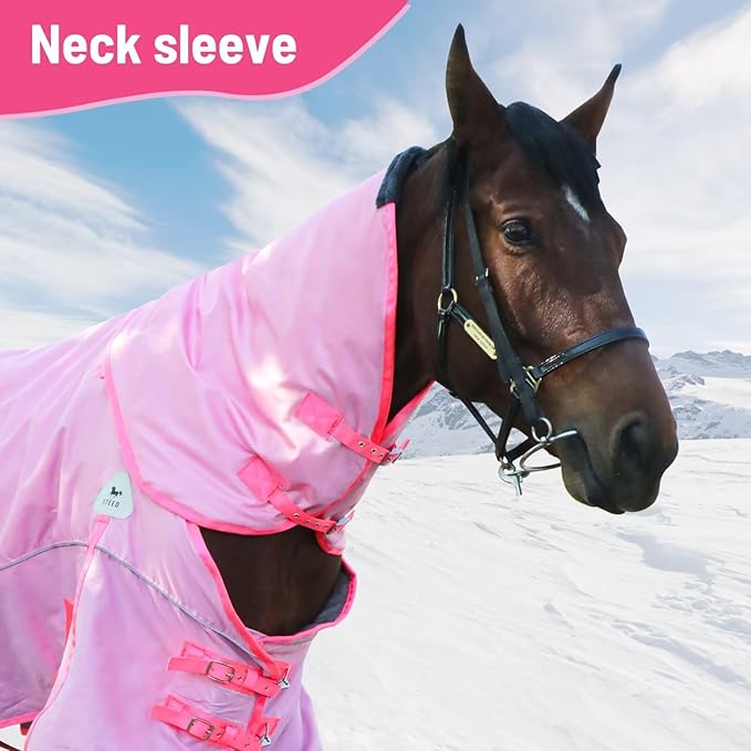 Turnout Blanket for Horses, Waterproof Thickened Horse Sheet with Detachable Neck Cover,1600D Nylon Outer, 400g Heavy Weight Filling (Pink, US 72IN(EU 135cm))