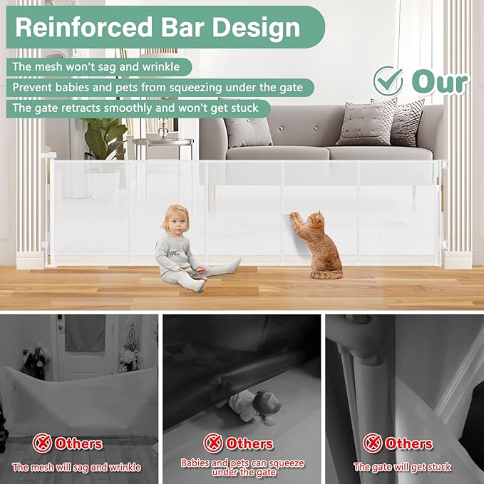 Reinforced 26 Inch Tall Retractable Baby Gates to Step Over 95" Wide Small Outdoor Retractable Child Gates for Doorways Short Retractable Dog Gates for Baby Indoor Retractable Stairs Gate for Kids