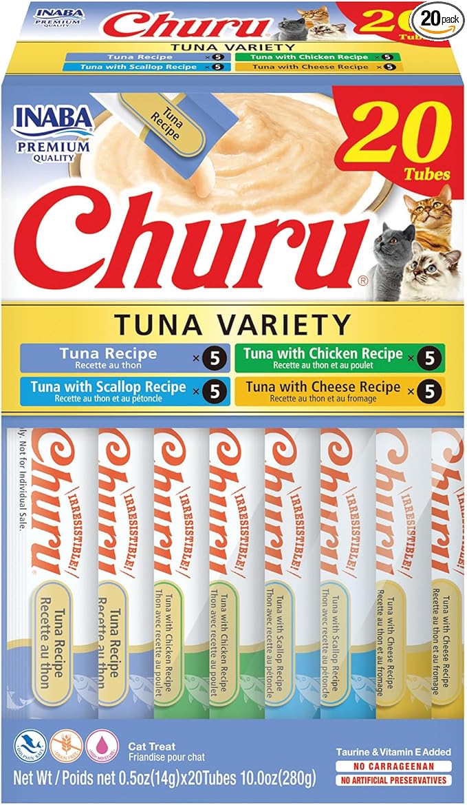 INABA Churu Cat Treats, Lickable, Squeezable Creamy Pur??e Cat Treat with Green Tea Extract & Taurine, 0.5 Ounces Each Tube, 20 Tubes, Tuna Variety Box by INABA