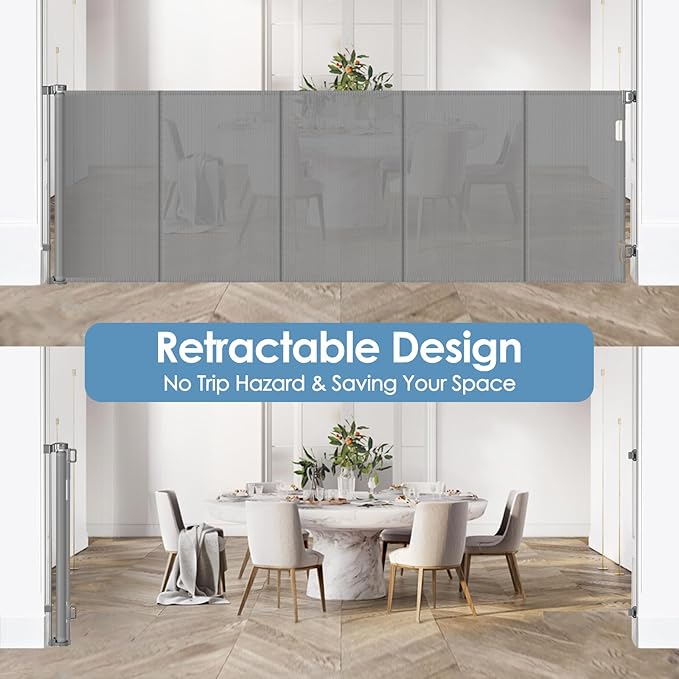 Reinforced 150 Inch Retractable Baby Gates Extra Wide Pet Gate for Large Openings, Extra Wide Retractable Gate for Dog to Prevent Bottom Crawling Through, Long Mesh Child Gate Deck Gate, Gray