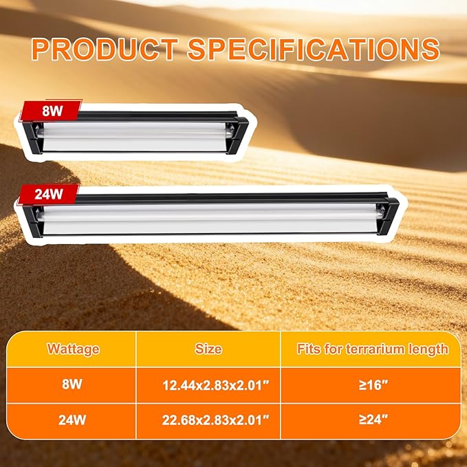 T5 UVB Light for Reptiles, 10.0 24W HO UVA UVB Reptile Light Fixture, 22 Inch Lamp Tube for Bearded Dragon Tortoise Lizards Reptiles and Amphibians