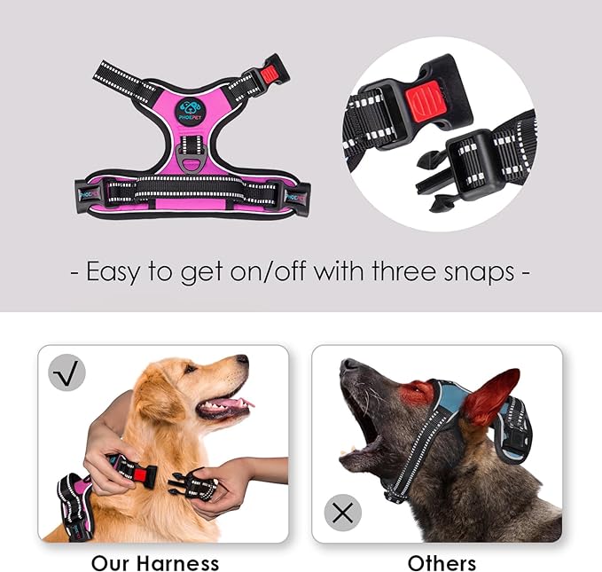 PHOEPET Reflective Dog Harness Large Breed Adjustable No Pull Vest with Handle 2 Metal Rings 3 Buckles [Easy to Put on & Take Off](XL, Pink)
