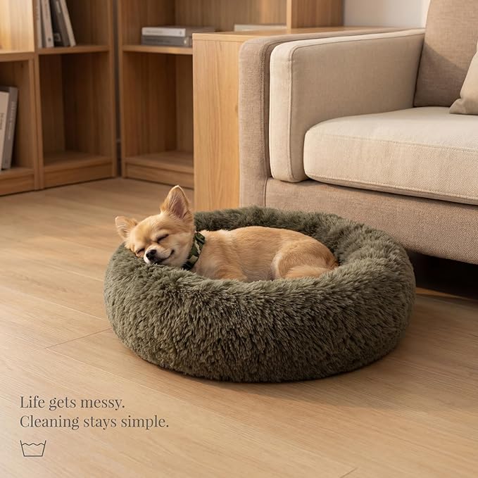 Calming Donut Dogs Beds for Small Dogs Washable,19inch Fluffy Round Puppy Bed for Puppies,Cats & Toy Breeds with Raised Rim,Fits up to 15 lbs Pets,Army Green