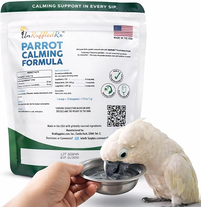 UnRuffledRx™ Calming Formula for Parrots – Bird Supplement that Supports Relaxation During Stressful Events Like Fireworks, Travel, and Visitors – 150 Servings – Made in USA