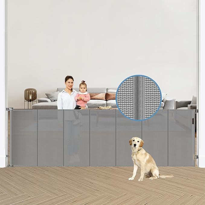 Reinforced 120 Inch Extra Wide Retractable Gate with Support Rods, Upgrade Retractable Baby Gates for Large Openings, 10 Ft Mesh Pet Gates for Dogs Extra Long Toddler Gate Outdoor Gate for Deck, Gray