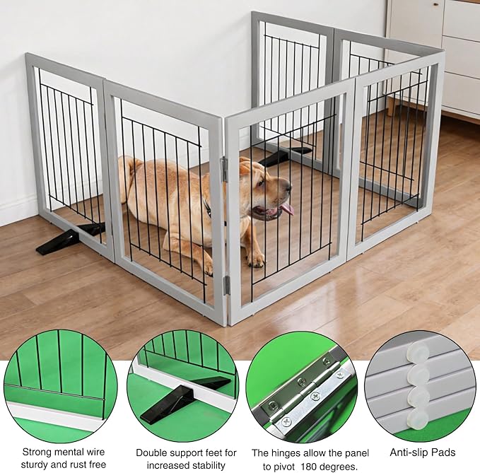 ZJSF Freestanding Dog Gate Indoor, Foldable Dog Fence for Doorways,Hallways or Stairs, Sturdy Wood Extra Wide Pet Gate with Support Feet,Grey,24 "Height-6 Panels