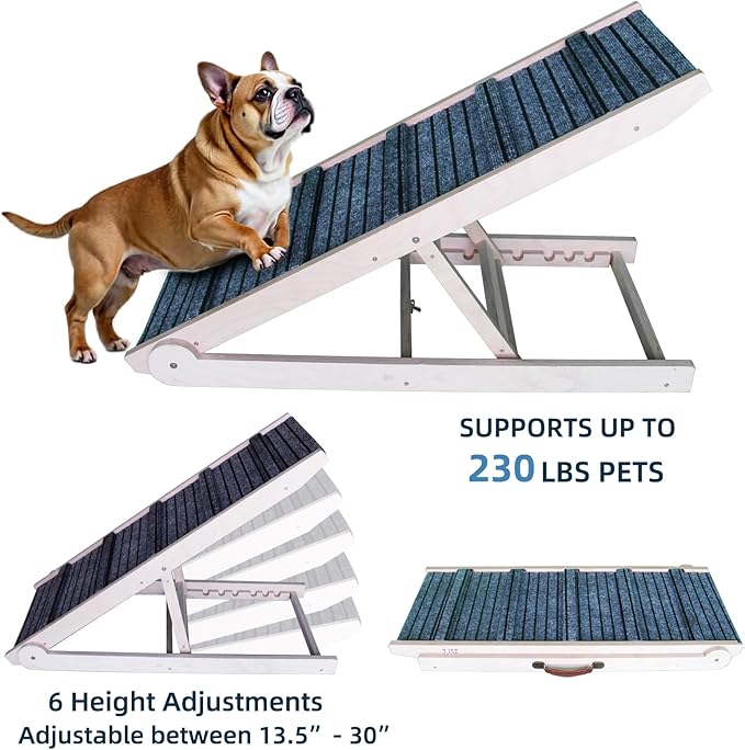 ZJSF Foldable Dog Ramp for High Bed, Wooden Dog Stairs to Bed for Small and Large Dogs, High Traction Platform with 6 Adjustable Heights (14"-30"), 48", Supports up to 230 lbs