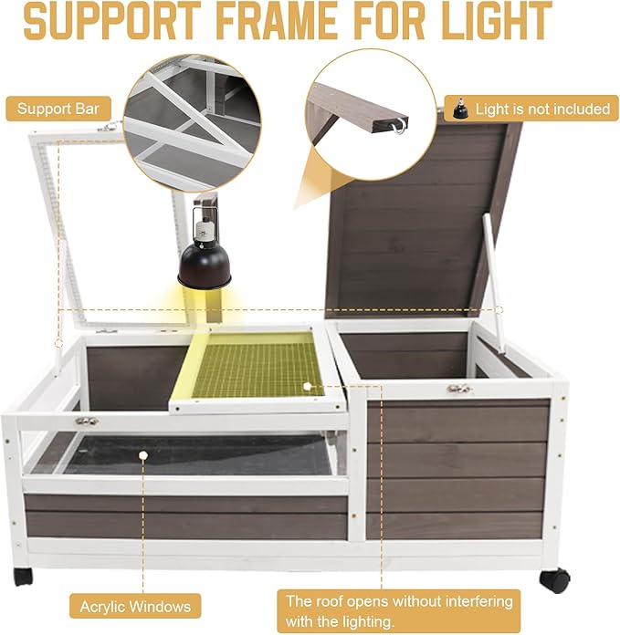 PetsCosset Tortoise Habitat Cage on Wheels with Lamp Stand & Pull-Out Waterproof Tray – Large Wooden Tortoise House, Indoor & Outdoor Reptile Enclosure 39" L x 23" W x 14" H Single Habitat