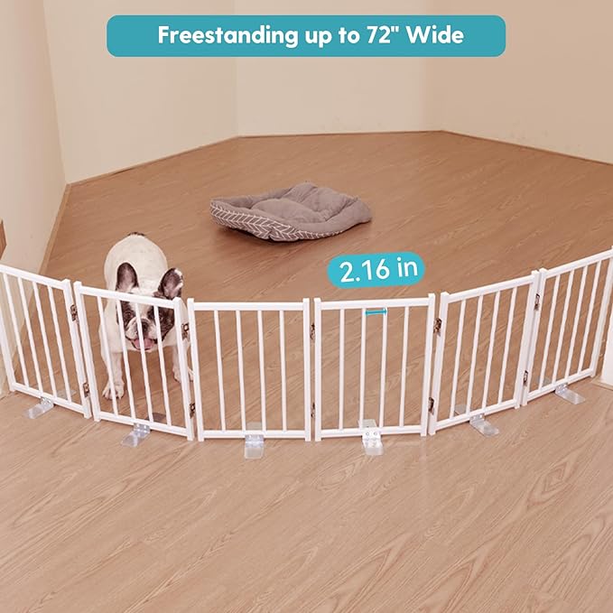 No Pawblems Free Standing Short Dog Gate, 16.5'' Tall Foldable Dog Fence for Indoor & Outdoor, Up to 72 Inch Extra Wide Puppy Gate for Stairs, Hallways, Doorways, Deck, Yard (White, 6 Panels)