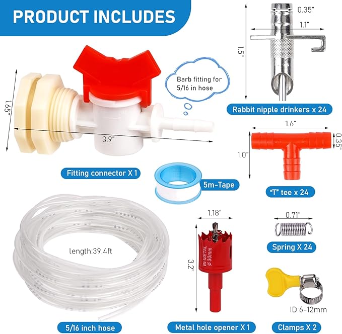 Automatic Rabbit Watering System Kit Rabbit Water Dispenser Include 24 Nipple Drinker, Hose, Connector, Hole Opener, Small Animal Water Feeder (Silver, 24 Nipple Drinker Kit)