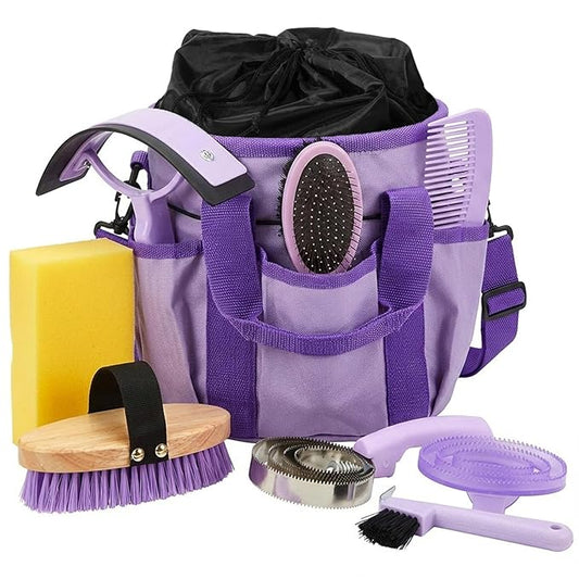Cunhill 9 Pcs Horse Grooming Kit Tack Room Supplies Set with Tote Bag, Oval Massage Curry, Hard and Soft Brush, Hoof Pick, Sweat Scraper, Bathing Sponge, Comb for Horse Rider(Classic,Purple)