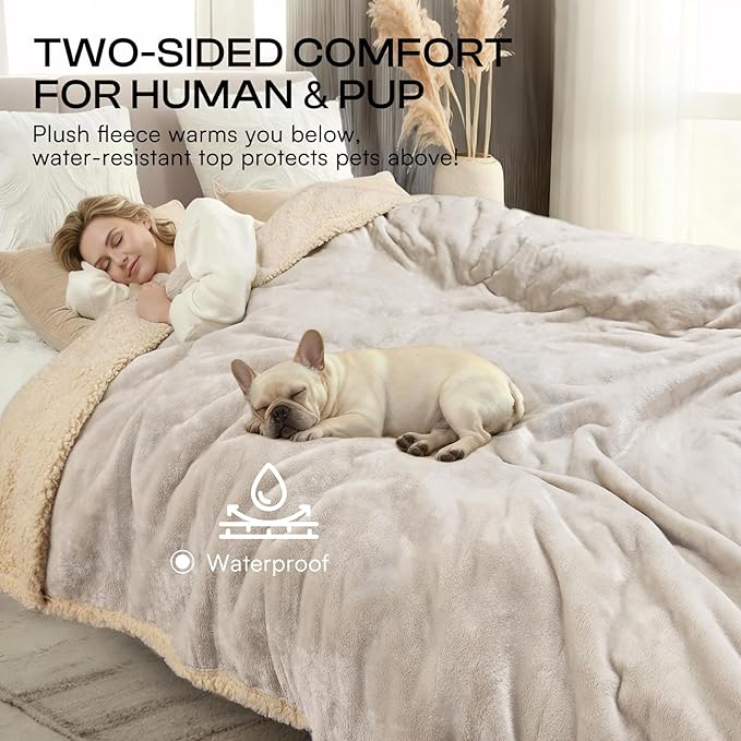 Luciphia Waterproof Pet Blanket, Liquid Pee Proof Dog Blanket for Sofa Bed Couch, Reversible Sherpa Fleece Furniture Protector Cover for Small Medium Large Dogs Cats, Dark White Queen Size（90" x 82"）