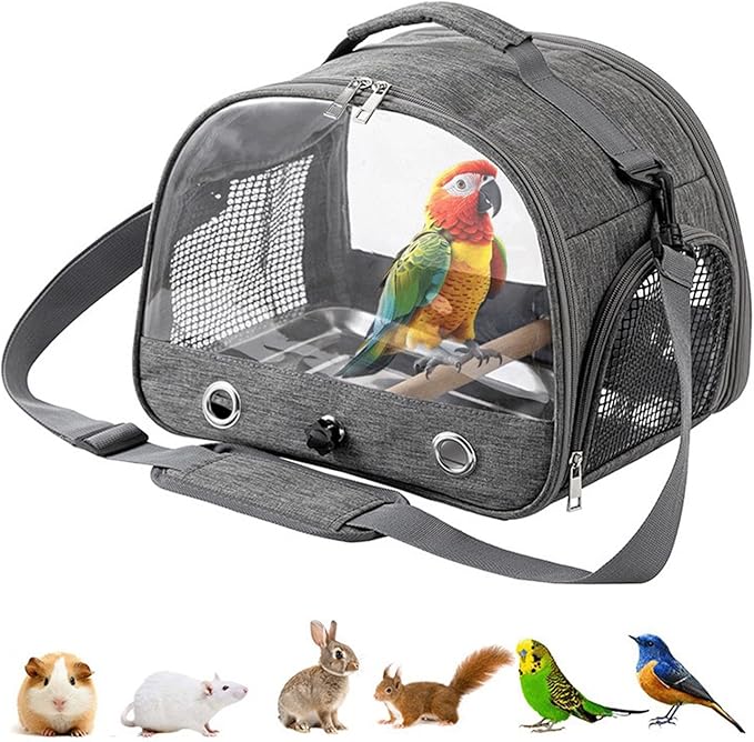Portable Bird Cage Bird Carriers Foldable Panoramic View with Perch Removable Tray for Parrot Hamster Hedgehog Rabbit Sugar Glider (Grey)