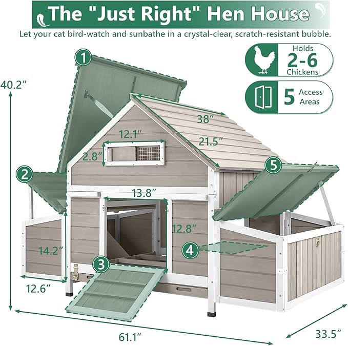 Large Chicken Coop Chicken House Outdoor with 6 Nesting Boxes & Pull-Out Tray for 4-6 Chickens, Wooden Backyard Hen House Poultry Cage with Weatherproof Openable Roof, 3 Perches, Expandable Run
