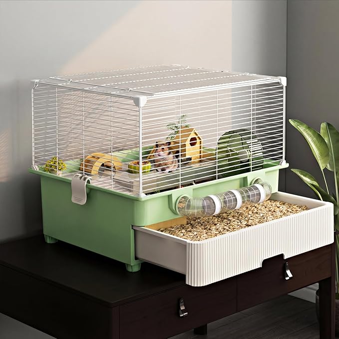 Oneluck 22.4” Chew-Proof Metal Hamster Cage, Drawer-Style with Easy Clean,Small Animal Habitats for Syrian & Dwarf Hamster,Gerbil, Mice(Green)
