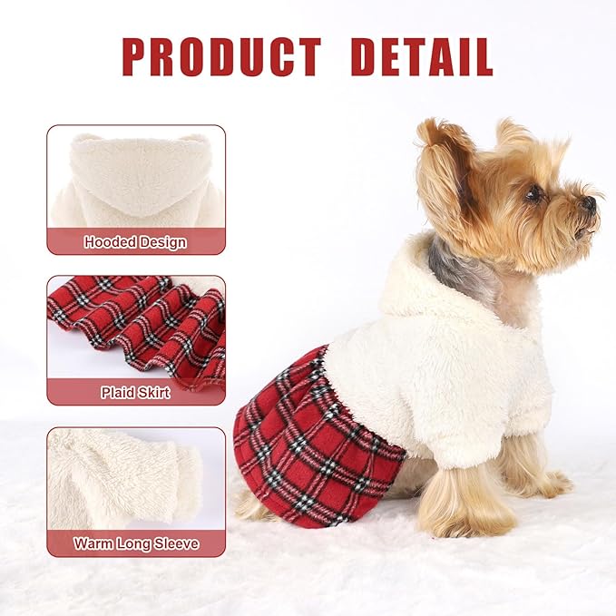 DaFuEn Dog Sweater,Dog Dress, Dog Sweaters Dresses for Small Dogs,Cute Warm Fleece Hooded Sweater for Small Dogs, Plaid Puppy Dresses Clothes Chihuahua Yorkie Cat Apparel （White,XS